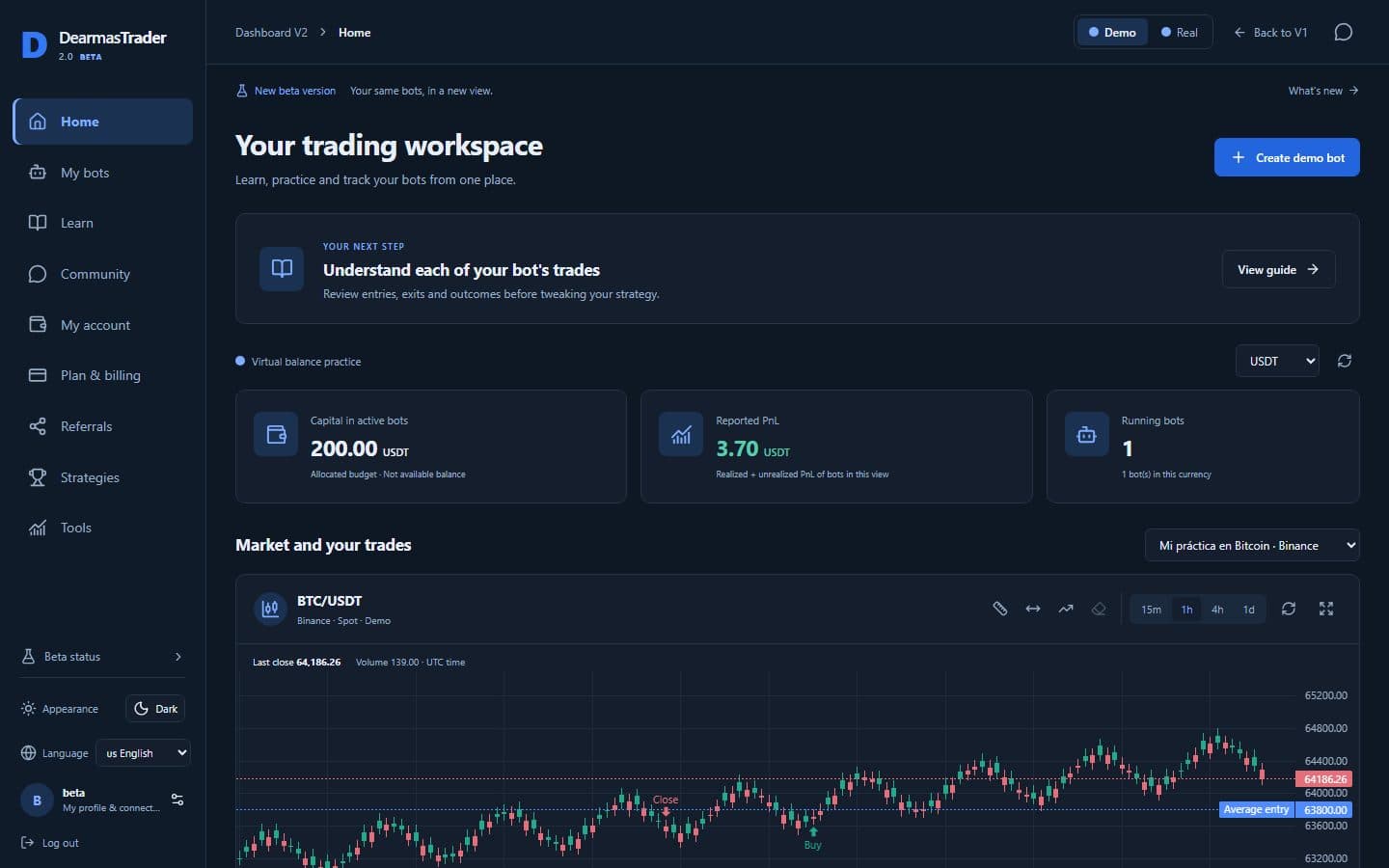 DearmasTrader-Dashboard mit einem DCA-Bot im Demo-Modus und dem BTC/USDT-Chart